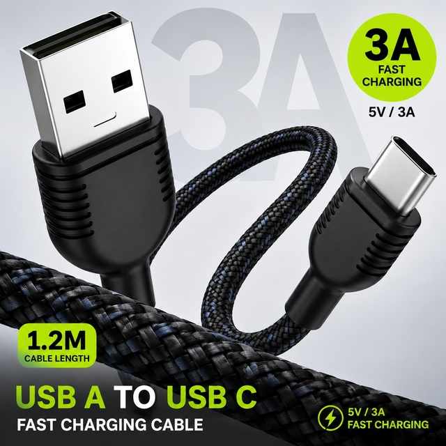 USB-A to USB-C Fast Charging Cable 1.2M 5V 3A Tinned Copper Nylon Braided Type-C Cable for Mobile Phone Power Bank