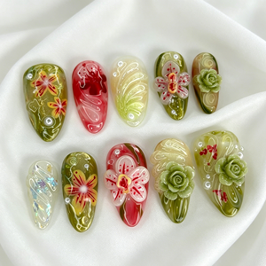 <span class=keywords><strong>Faux</strong></span> ongles à presser de luxe en amande, 24 pièces, motif floral 3D, kit d'emballage pour la revente en gros et les entreprises - Product Image 1