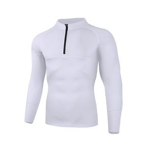 Camiseta Deportiva Blanca para Hombre con Cuello de Cremallera, Manga Larga, Camiseta Atlética de Poliéster para Entrenamiento en el Gimnasio - Product Image 1