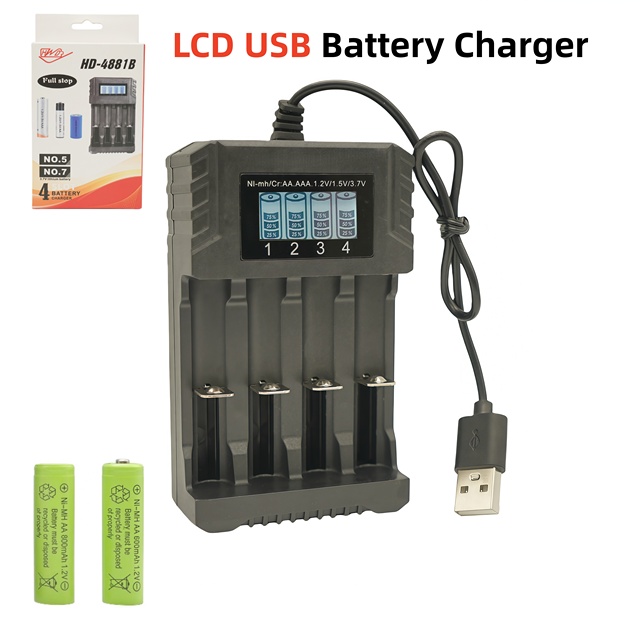 LCD Display USB Powered 4 Slot Smart Auto Stop Battery Charger Universal Compatible AA AAA NiMH Li-ion for Camera