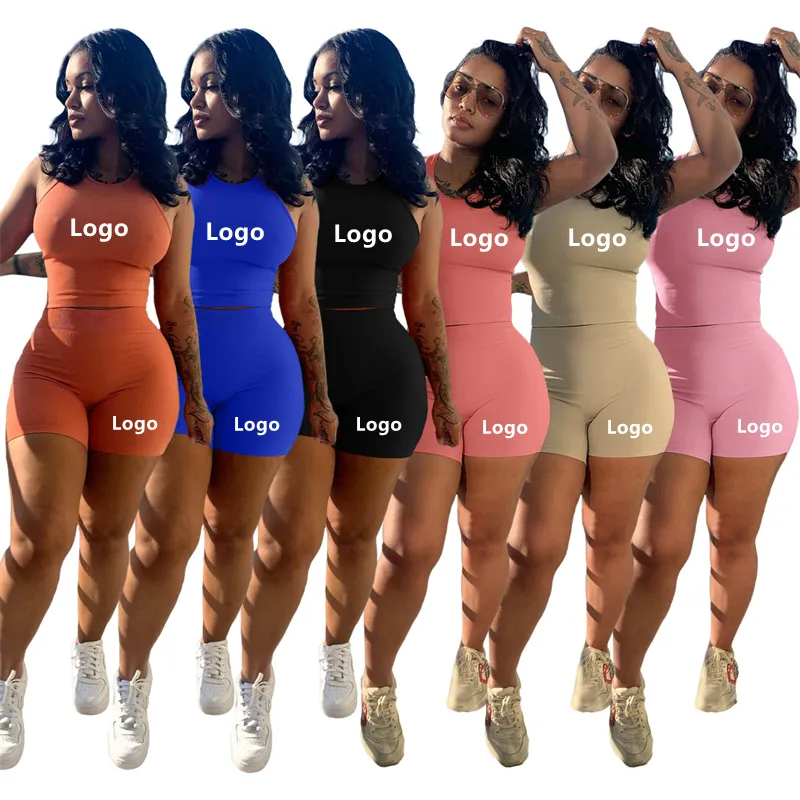 Custom Logo Spring Women Sets Two Piece Off The Shoulder Sports Sleeveless Short Sets for Women 2 Piece Set Women Summer 2023