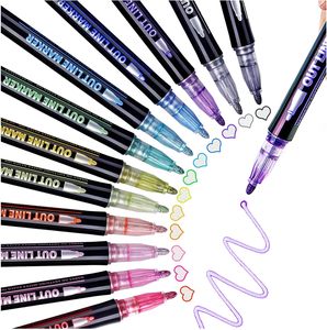 Gran oferta Magic Highlight Glitter rotulador marcadores metálicos bolígrafos de contorno de doble línea 12 colores marcadores de contorno para bricolaje - Product Image 5