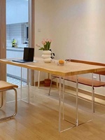 Table à manger suspendue en acrylique de style nordique, table basse en bois massif pour usage domestique, bureau simple en planches de pin blanc ciré