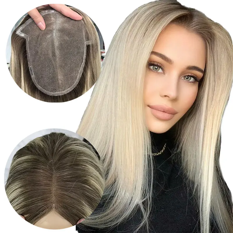 Q6 8C60 Topper venta directa de fábrica reemplazo de tupé Topper humano 16 pulgadas de espesor color de pelo rubio blanco cabello barato para mujeres