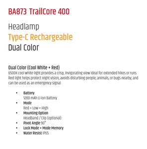 Lampe frontale 400 lumens, lumière blanche + rouge, rechargeable par USB C, 1200 mAh, IP65, 90 °   Ajustable avec support à clip pour le camping, la randonnée et la course à pied - Product Image 3