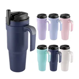 Taza de viaje patentada para exteriores, taza aislada al vacío de acero inoxidable de 40 oz con asa, tapa y taza de café aislada con pajita