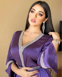 Muslim Women's Simple Long Sleeve Maxi Dress Elegant Middle Eastern Belt Robe Kimono Rhinestone Abaya for Evening Wear