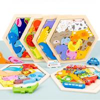 Papan Puzzle kayu kreatif 3D anak-anak, pendidikan dini heksagonal 3D blok Puzzle pengembangan intelijen untuk anak-anak