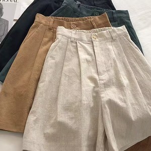 Japanese Retro Style Cotton Linen Shorts Women High Waisted Wide Leg Casual A <b>Line</b> Cropped <b>Pants</b> Khaki - Product Image 5