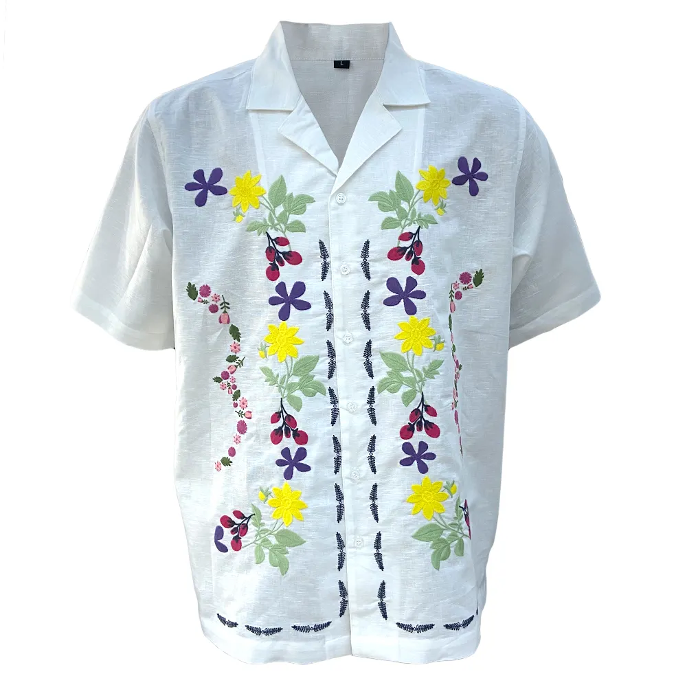 Custom Design Mens Cotton Linen Shirt Short Sleeve Embroidery Shirt Button Up Floral Casual Shirts For Men