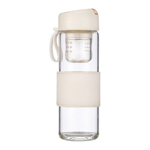 Glass Tea Infuser Bottle With Leather Sleeve Travel Portable Single Cup White - Product Image 1