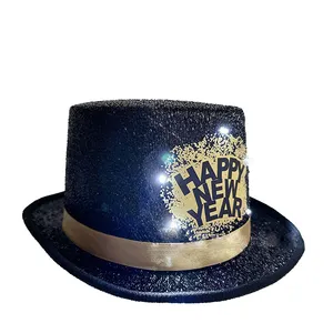Flashing led Happy new year Black color Hat for New year performer adults