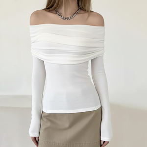 Haut tendance pour femmes à épaules dénudées, manches longues, couleur unie, détail plissé, taille cintrée, élégant, décontracté, haut quotidien - Product Image 1