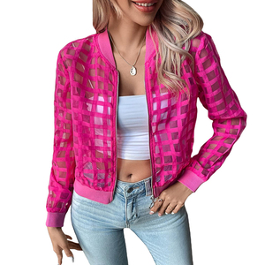 Custom <strong>Women</strong> See Through Mesh Plaid Zip <strong>Fly</strong> Lightweight Casual Sheer Bomber <strong>Jacket</strong> Transparent <strong>Jacket</strong> - Product Image 6