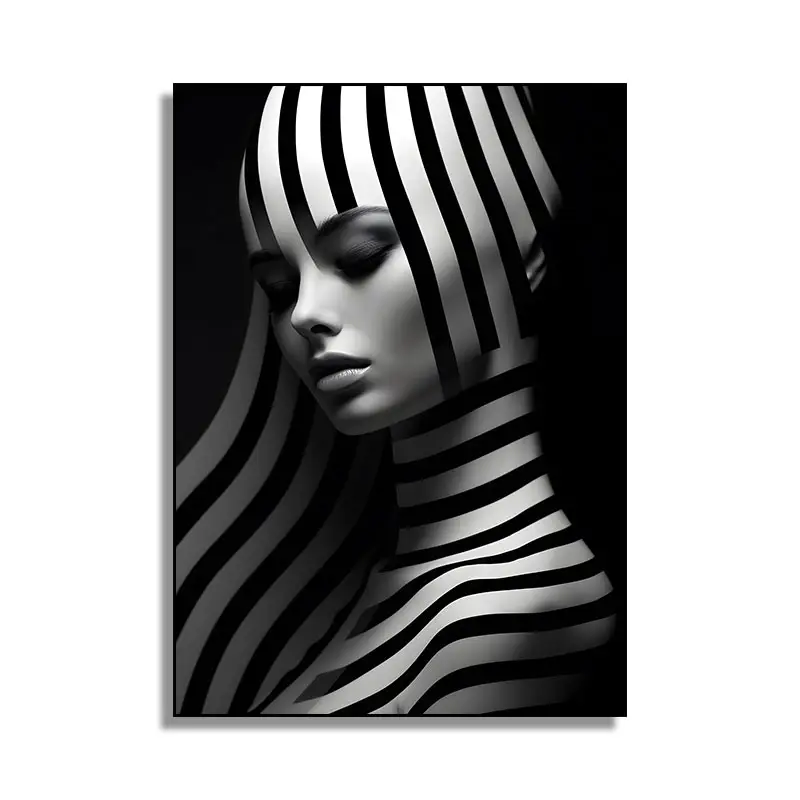 Portrait of Fashion Women with Frame Crystal Porcelain Painting Black and White Modern Wall Art LED Painting Living Room