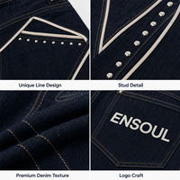 Jean en denim taille haute 16oz coupe large bleu foncé délavé avec logo brodé, rivets et passepoil blanc – Style streetwear baggy