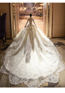 Gaun Pengantin Lengan Panjang Pengantin Baru Mewah Industri Berat Kereta Besar Gaun Pengantin Tekstur Senior - Product Image 6