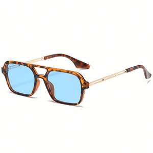 Lunettes de soleil rétro tendance avec logo personnalisé, monture carrée pilote à double pont, motif léopard bleu, pour hommes et femmes - Product Image 6