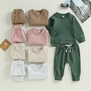 Kustom Logo musim gugur pakaian 2pcs lengan panjang Solid Pullover kaus T shirt panjang Jogger Celana Anak laki-laki perempuan bayi pakaian Set