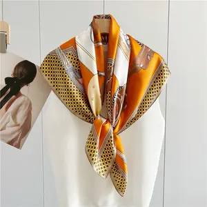 Orange Design 100% Real Silk Scarves Custom Logo 14mm Silk Satin Printing Machine Hemming Square Scarf 90*90cm Women Shawl