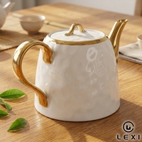 Luxuriöse Keramik-Teekanne mit Goldrand und Deckel, Glänzende Gehämmerte Porzellan-Teekanne für Nachmittagstee, Kaffeekanne, Wohndekor-Geschenk