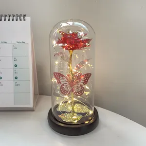 2024 Christmas Valentines Day Gift Preserved Artificial Rose Flower Led Butterfly Galaxy Rose In Glass Dome Gifts For Mom Women