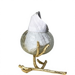Porta Servilletas Redondo de Vidrio con Base de Rama Dorada, Decoración de Mesa Moderna y Lujosa para Cocina y Fiestas - Product Image 1