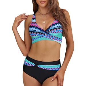 Nouveautés 2023 Ensemble de bikini push-up taille haute personnalisé Fabricant OEM Maillots de bain femme Imprimé géométrique Étiquettes en latex 2 pièces Séchage rapide - Product Image 2