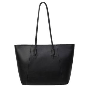 Sac fourre-tout minimaliste en cuir véritable noir, ouvert en dessus, grande capacité, sac à bandoulière quotidien pour femmes, toutes saisons - Product Image 5