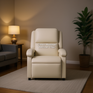 Cream Massage Recliner Chair Power Recline Faux Leather Contemporary Design - Product Image 2