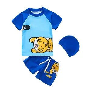 Jungs cartoon Polyester-Badeanzug Baby mittlere und kleine Jungen-Badeanzug mit Bademütze