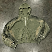 Sweat à capuche de qualité supérieure 500 g/m², style streetwear, noir, effet délavé soleil, délavé vieilli, avec fermeture éclair, en coton