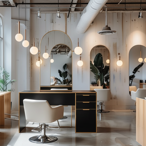 Estación de barbería de Material de madera dorada y negra de diseño moderno para salón de belleza, espejo de peluquería para barberías - Product Image 2