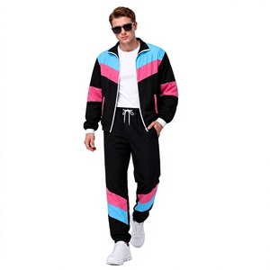 Conjunto Deportivo Retro para Hombre, Color Block, Negro, Rosa y Azul, Chaqueta con Cordón, Pantalones Jogger, Ropa Deportiva Informal, 100% Algodón, Secado Rápido - Product Image 1
