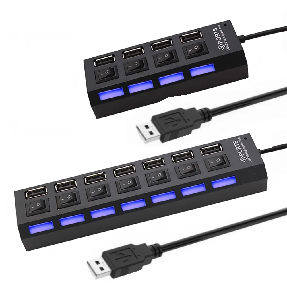 Multi répartiteur USB 2.0 à haute vitesse avec lumière LED, interrupteurs d'alimentation marche-arrêt, extension de concentrateur, ordinateur de bureau, 4 ports