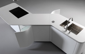 Îlot de cuisine en arc sur mesure <span class=keywords><strong>RODAY</strong></span> avec finition brillante et armoires de cuisine en PET au design mat - Product Image 4