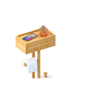 Bamboo Toilet <b>Paper</b> Holder Freestanding With Storage Space Minimalist Design Rectangular Shape Varnish Finish - Product Image 1