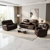 Frank Möbel |   Modernes 3+2+1 Ledersofa-Set mit Manueller Verstellung, Kino-Konsole und Getränkehaltern