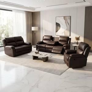 Muebles Frank |   Moderno Conjunto de Sofá de Cuero 3+2+1 con Ajuste Manual, Consola de Cine y Portavasos - Product Image 1