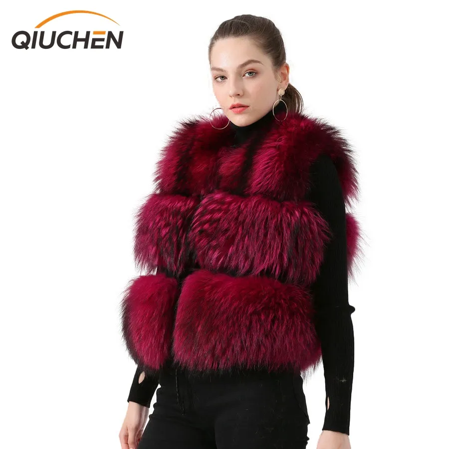 QC19091-abrigo de piel de mapache auténtico para mujer, abrigo de piel esponjosa y gruesa