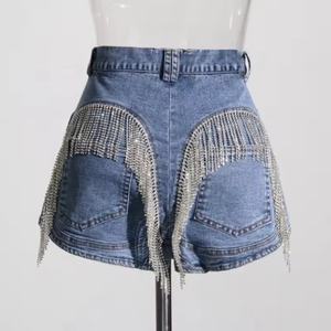 Shorts en jean taille haute pour femme, nouveauté été, à franges et strass, coupe droite, vente chaude OEM - Product Image 3