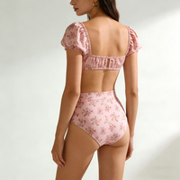 Bikini bandeau pour femme, haut de gamme, avec logo personnalisé, étiquette, taille haute, manches bouffantes, imprimé floral, maillot de bain 2026