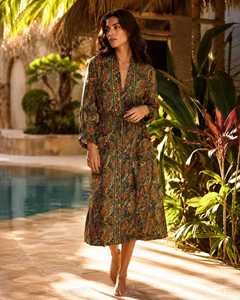 Boho Paisley Silk Floor-Length Robe for Women A-Line Floral Kimono Dressing Gown Lightweight <b>Beach</b> Cover-Up Bohemian Lounge - Product Image 6