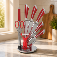Ensemble de 9 couteaux de cuisine rouges en acier inoxydable avec support rotatif en acrylique, manches creux 3Cr13, couteaux de chef, à pain et à éplucher, ambidextres