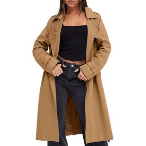 Women's Double Breasted Trench Coat Long Lapel <b>Pocketed</b> Windproof Overcoat With <b>Belt</b> Casual Autumn Wear - Product Image 1