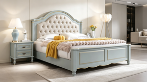 Lit plateforme en bois massif avec finition dorée haut de gamme, tête de lit capitonnée à boutons incurvés pour chambre principale de style farmhouse - Product Image 4