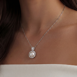 Natural Freshwater Pearl Necklace Double Circle CZ Halo Silver Plated <b>Copper</b> Jewelry Elegant Gourd Pendant Choker Bridal - Product Image 4