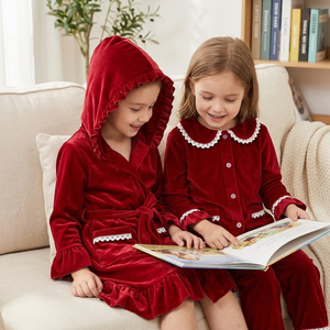 Accappatoio con Cappuccio in Velluto Rosso per <span class=keywords><strong>Bambina</strong></span>, Morbido Cotone con Volant, <span class=keywords><strong>Pigiama</strong></span> <span class=keywords><strong>e</strong></span> <span class=keywords><strong>Vestaglia</strong></span> Coordinata per Fratelli - Product Image 2