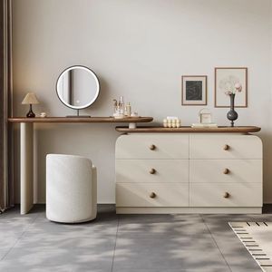 Tavolo da <span class=keywords><strong>Toeletta</strong></span> Vintage in Legno Massello Color Crema, Cassettiera Moderna Semplice Color Noce, Tavolo da <span class=keywords><strong>Trucco</strong></span> con Cassetti per Camera da Letto - Product Image 1