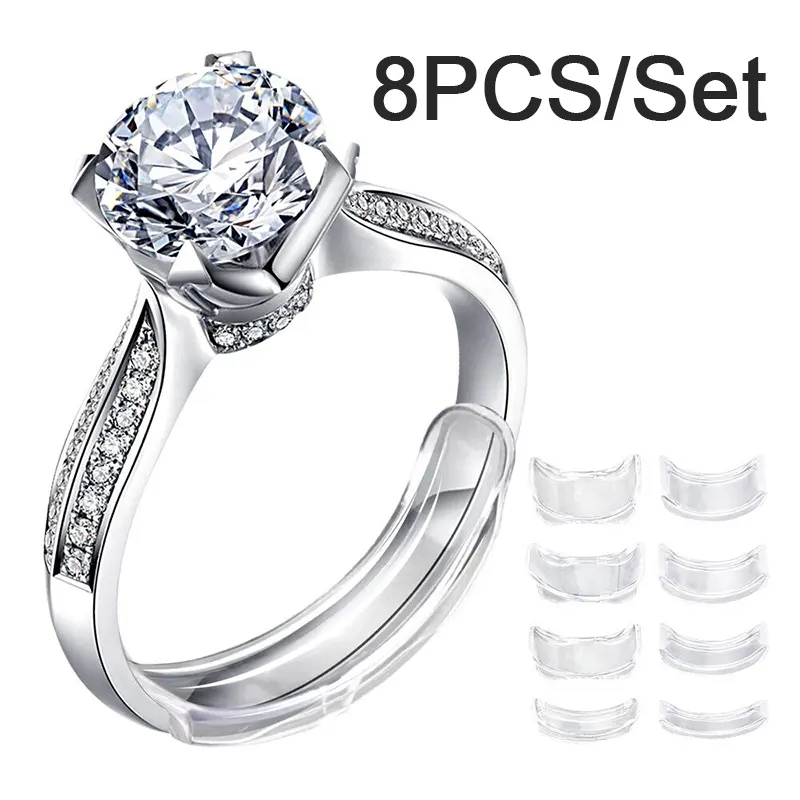 8 pçs/set tamanhos transparentes de silicone, ajustador de tamanho de anel invisível para anéis soltos